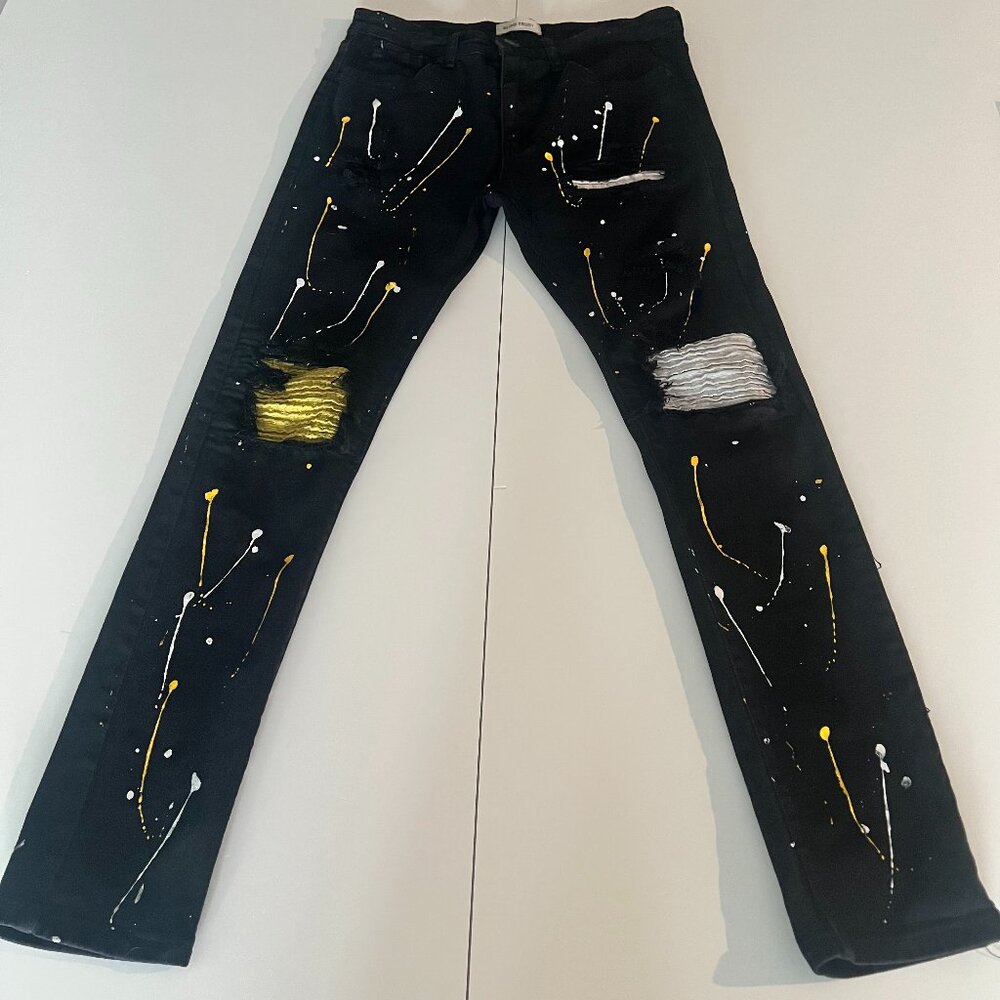 Blind Trust Mens Y2K Skinny Distressed Black Painted Jeans 32x32 Grunge Goth